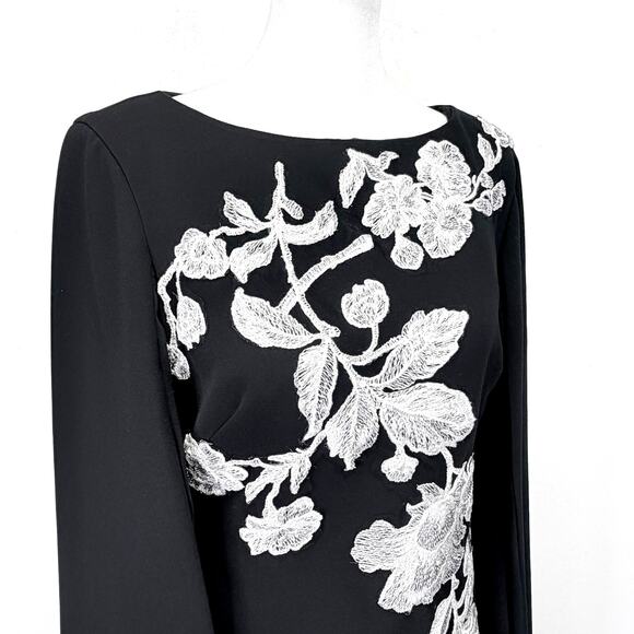 Theia Black Cape Sleeve Sheath Dress Women’s 4 Floral Appliqué Cocktail Evening - Picture 2 of 11